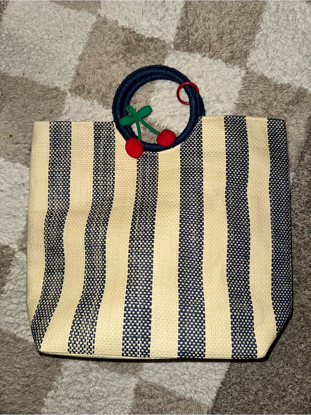 Striped Straw Tote Bag with Cherry Charm - Navy & Cream